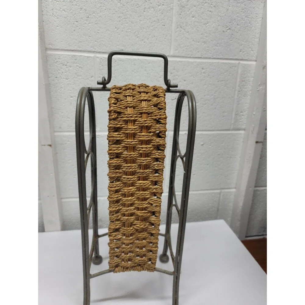 vtg Wrought Iron woven wicker rattan tabletop 3 Wine bottle Rack Holder Caddy